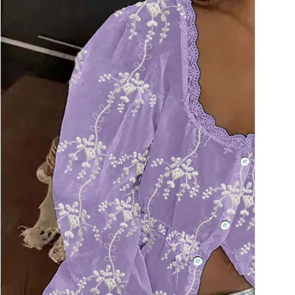 Boho Semi Sheer Lace Button Down Embroidered Floral Top - Picture 3 of 5